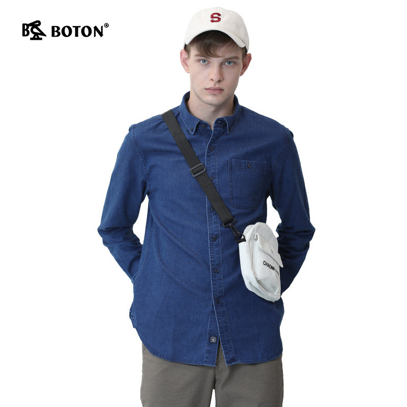 波顿牛仔衬衫男士长袖2022年春秋季新款纯色衬衫