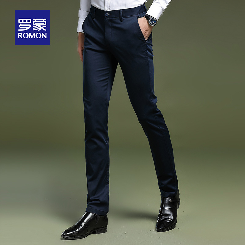 罗蒙男士休闲裤修身弹力冬季加绒长裤子男韩版免烫商务西裤男裤潮
