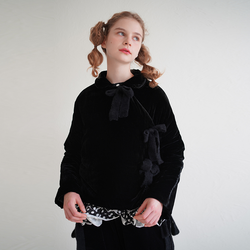 imakokoni嘿尔闹 原创黑色系带金丝绒棉服女加厚娃娃领棉衣203182