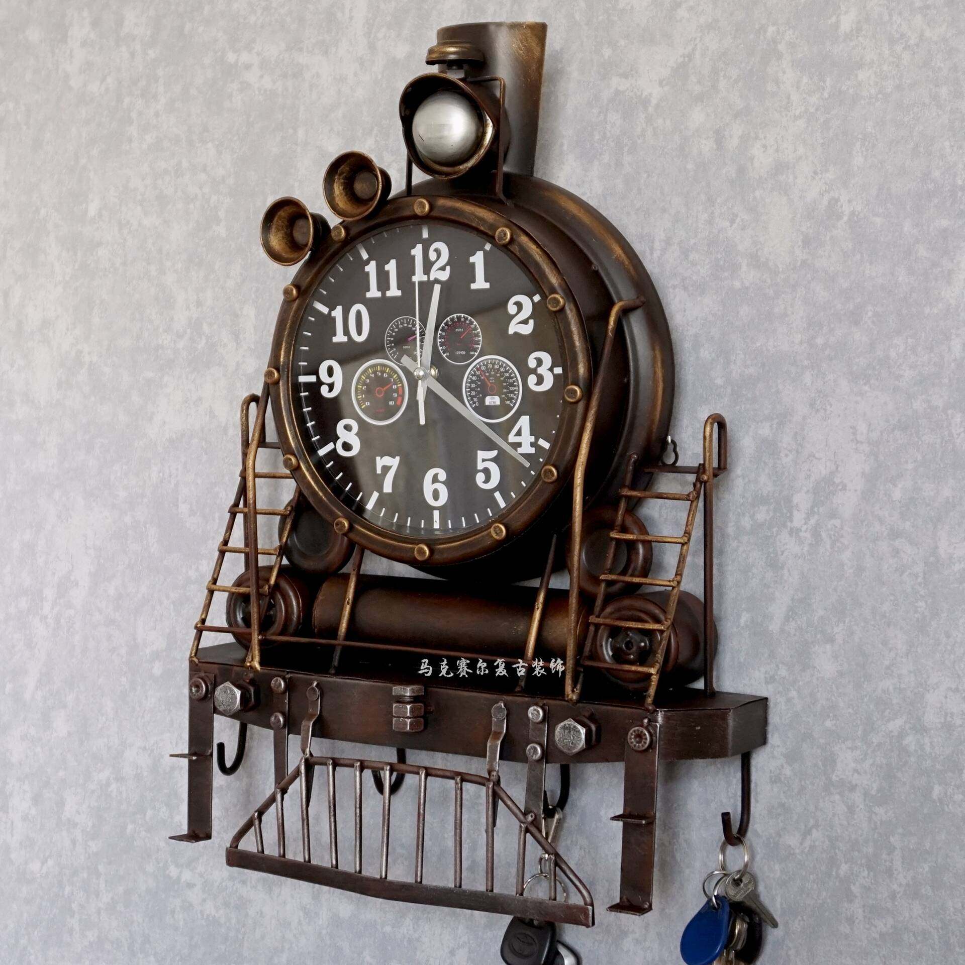 美式复古铁艺火车头壁饰钟表挂钟创意工业店铺壁饰