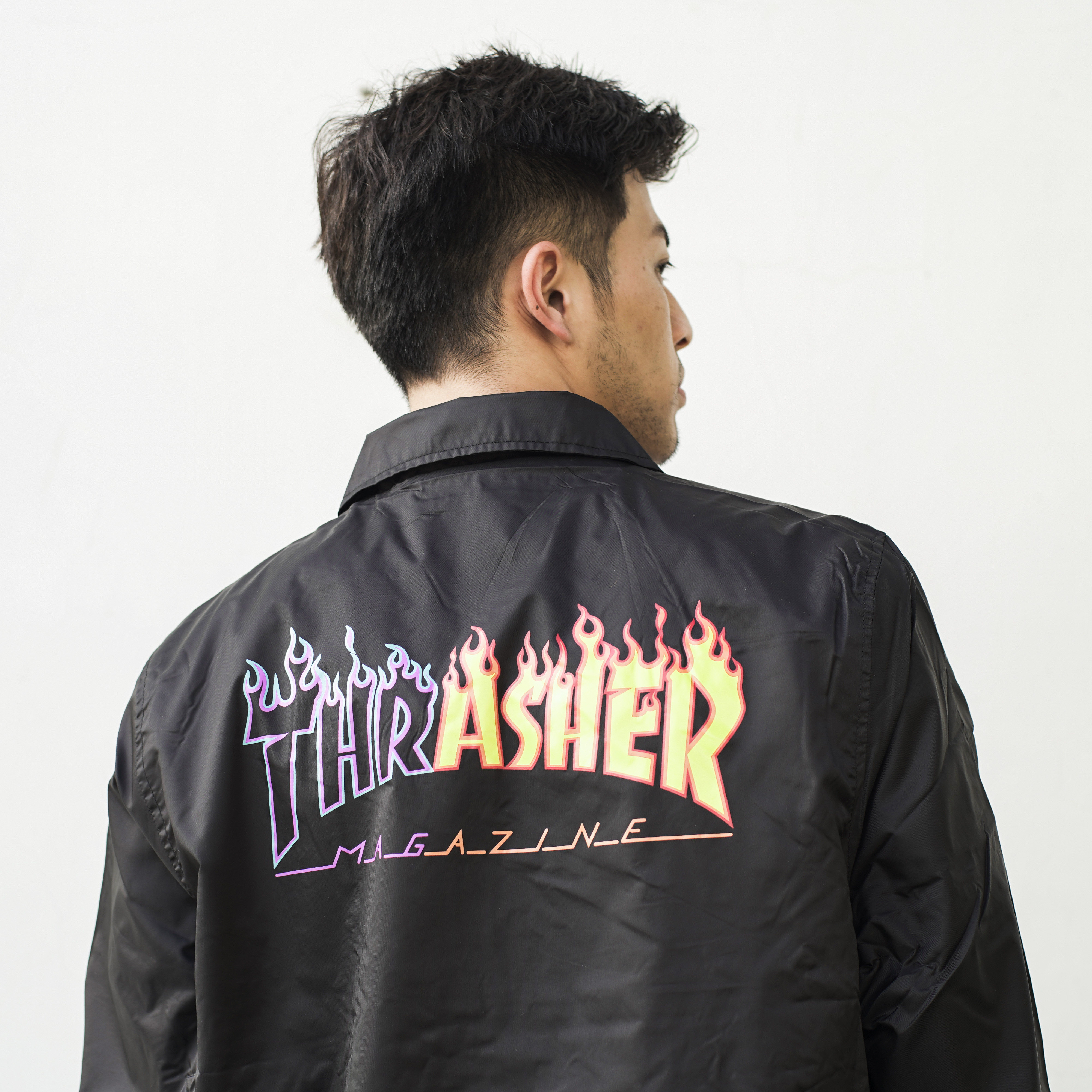 现货thrasher日版火焰阴阳拼接reburnflame教练夹克夹克