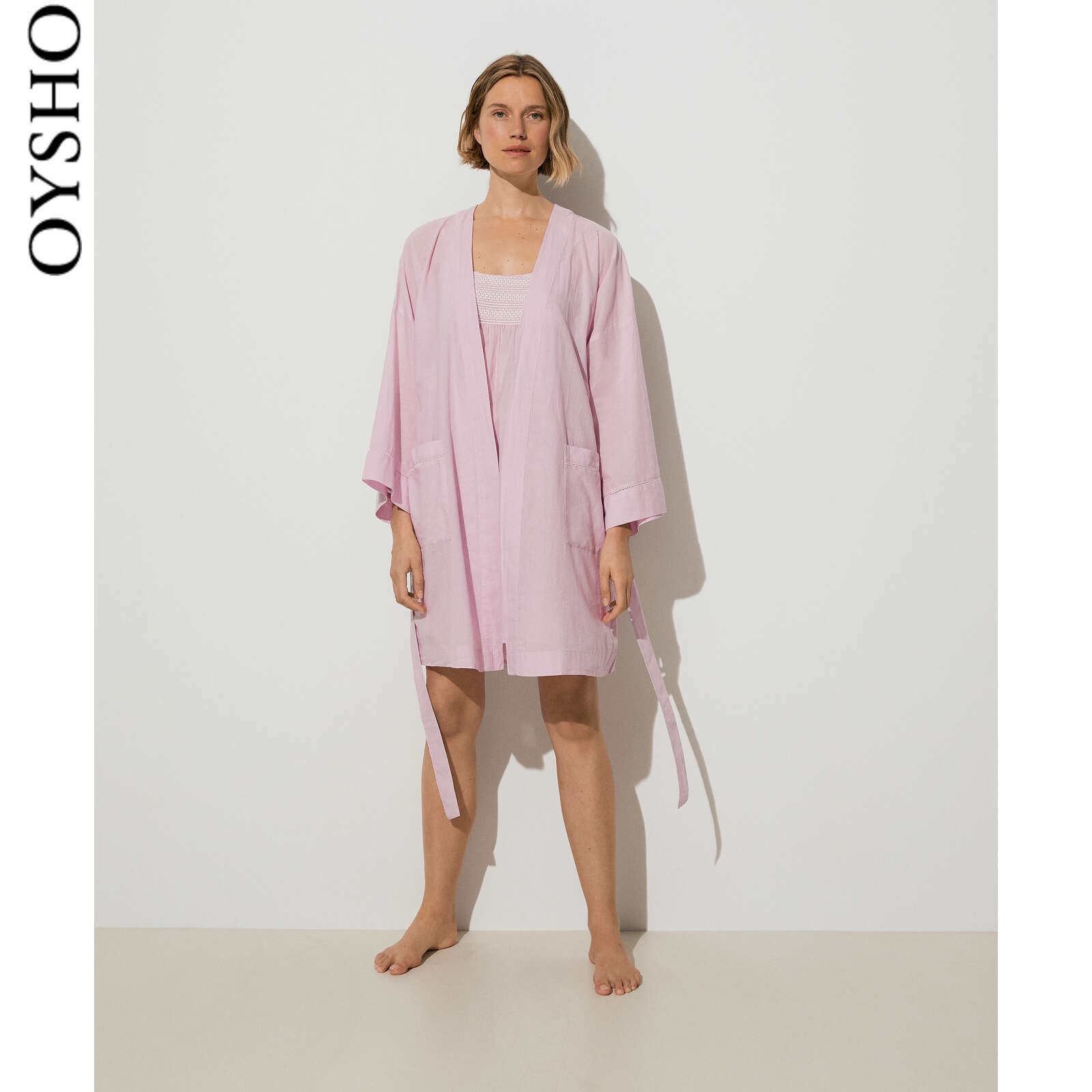 oysho紫色棉质居家中长款晨衣薄款睡袍浴袍睡衣睡袍