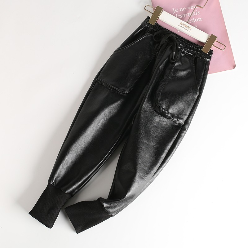 儿童裤子仿皮2022黑色女童束脚裤加男童皮裤裤子
