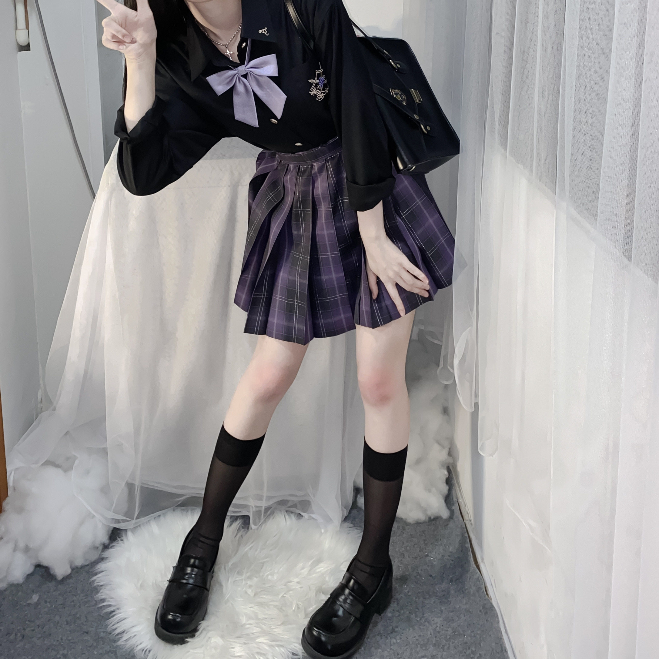 易瑶紫格半身制服jk格裙发光银线原创现货半身裙