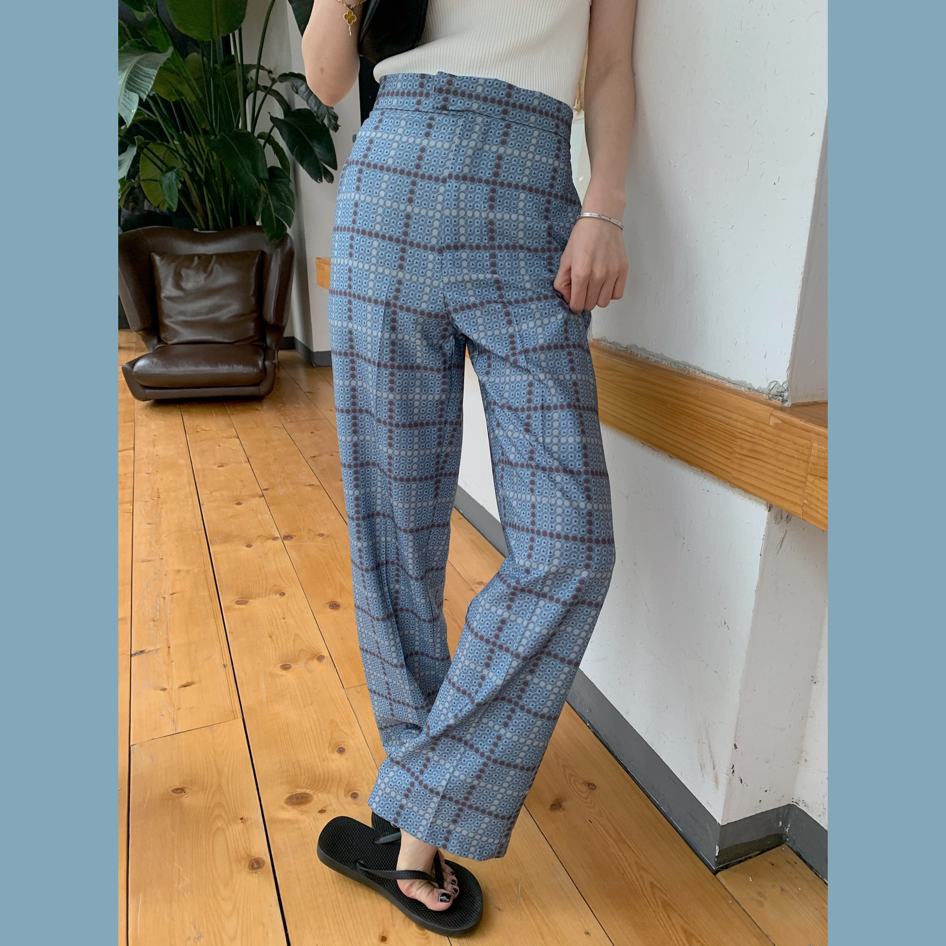 时尚蓝格子筒裤格纹拖地休闲裤女显高腰垂感宽松休闲裤