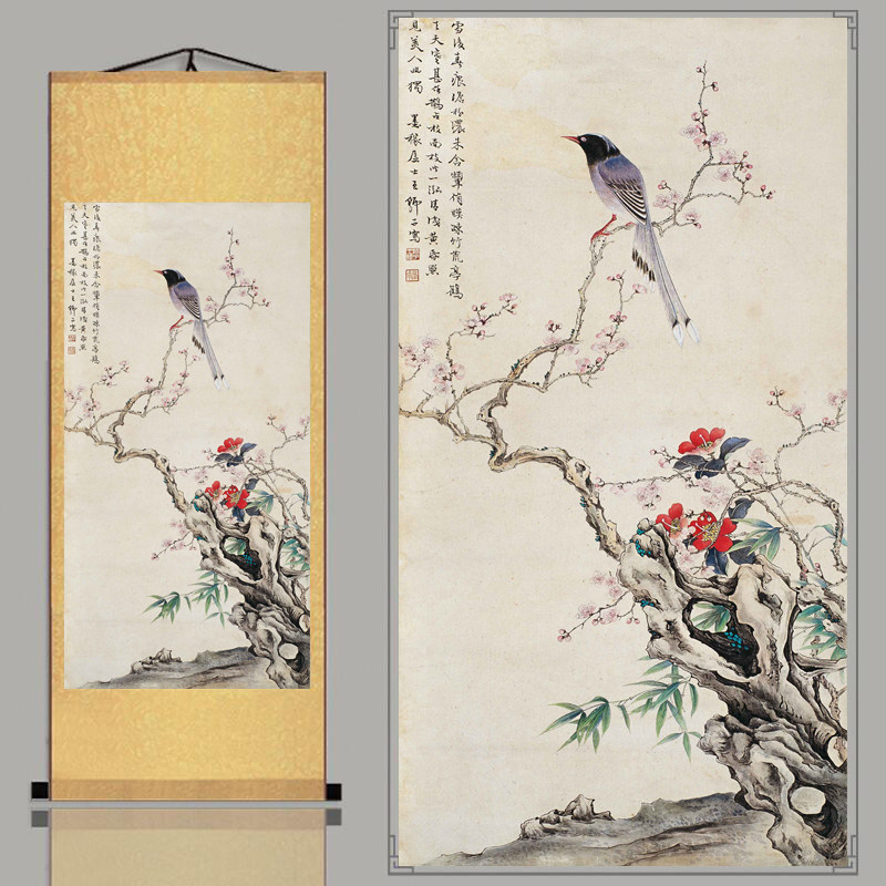 丝绸红梅报春报春花花鸟花鸟卷卷轴送礼风水挂轴国画
