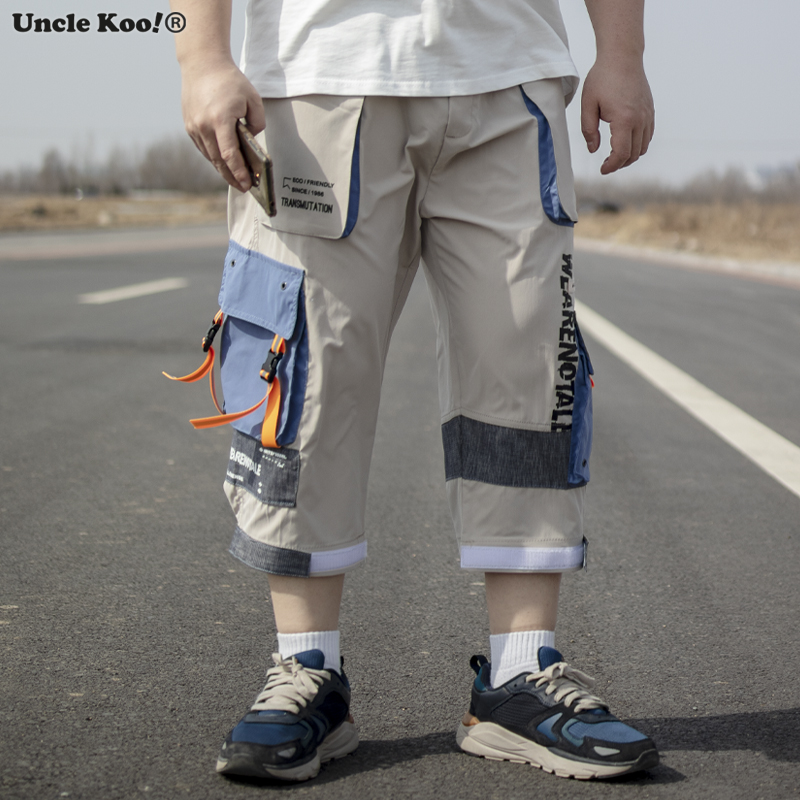 K叔 机能工装休闲裤日系个性撞色印花反光条魔术贴多口袋七分裤子