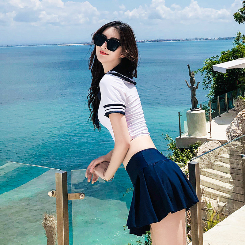 日韩聚拢学院水手海军性感小胸学生分体女裙分体泳衣