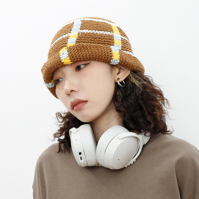 beamlife欧美复古街头线条格子帽子堆堆针织撞色帽子