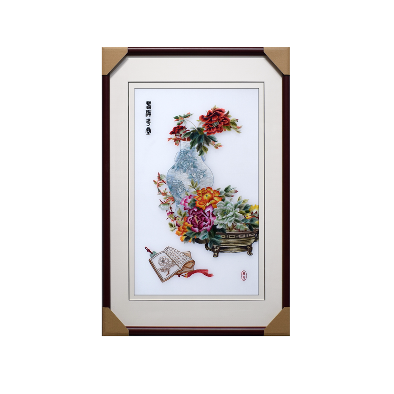 顾氏手工刺绣书香竖版玄关书房房中国风苏绣成品刺绣