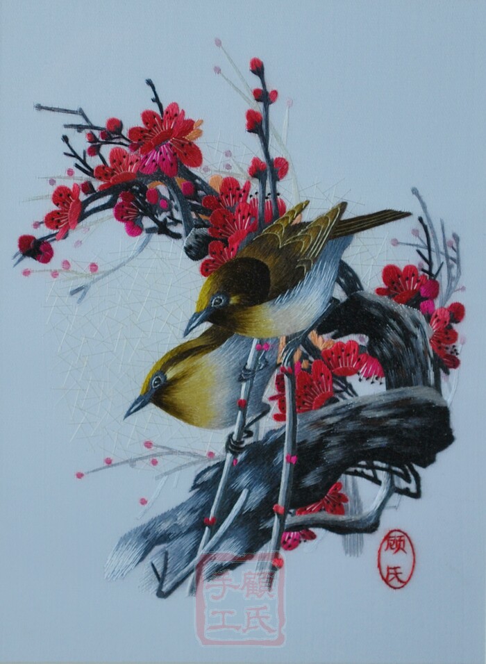 顾氏刺绣梅花双鸟成双苏绣赠送外国友人礼品苏绣