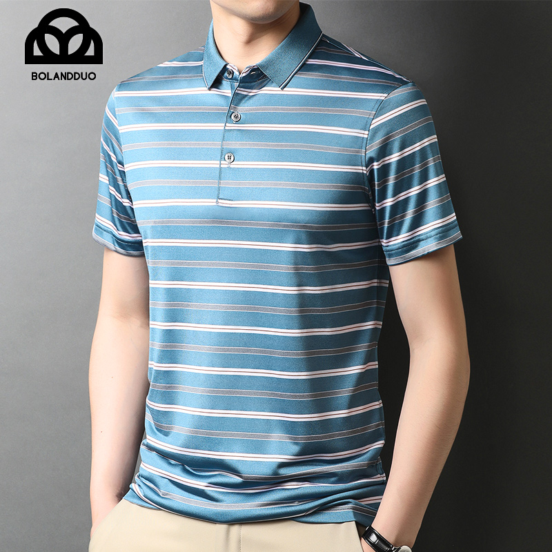 高端滑料桑蚕丝短袖t恤男士中年垂感冰凉真丝polo衫爸爸半袖上衣