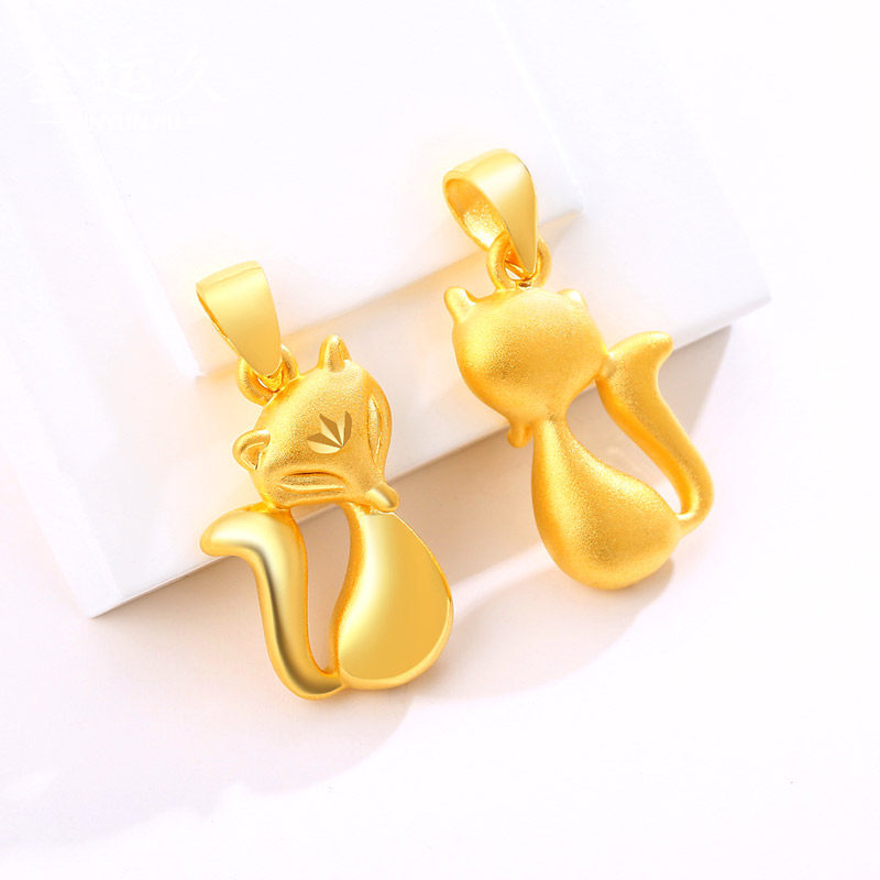 黄金3d硬金金狐狸吊坠足金妩媚媚狐狸挂坠可爱颈饰