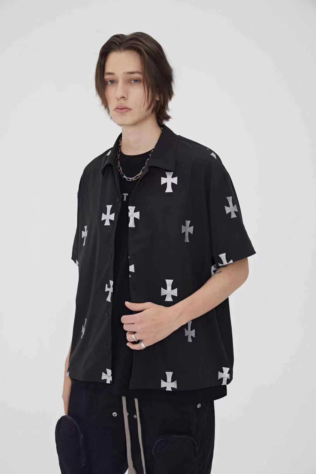 衬衫redeemer21ss闪粉十字架宽松高街潮流短袖男女衬衫