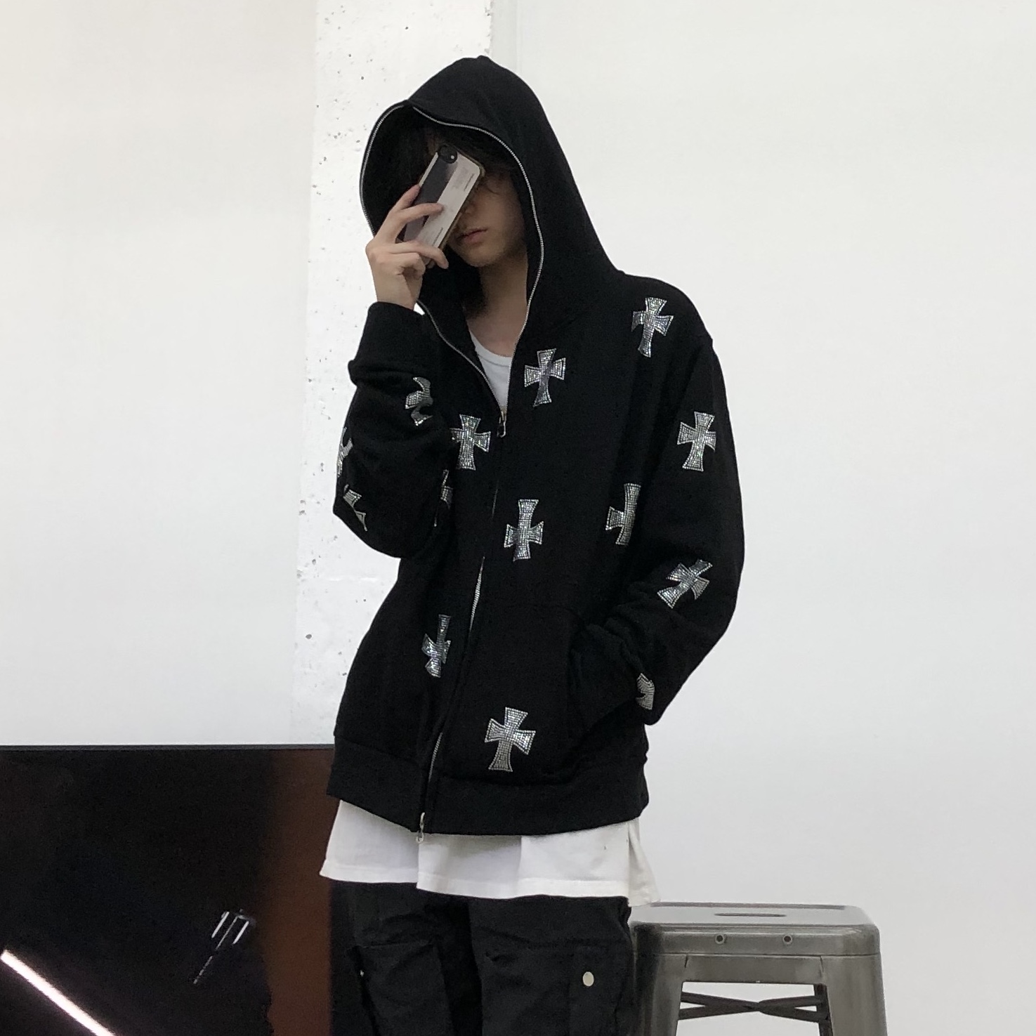 REDEEMER 20AW 水钻十字架开衫烫钻外套高街小众纵横夹克男女