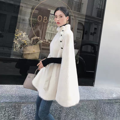 milan进口天鹅绒貂皮斗篷女款水貂披风披肩中款皮草外套女中长款