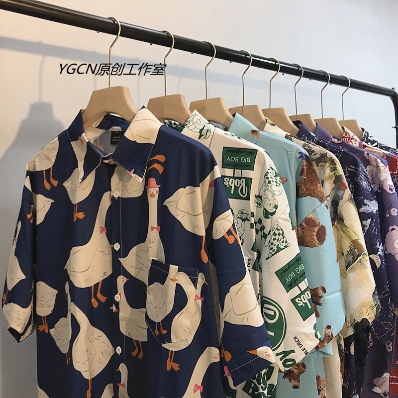 夏季复古油画满印鸭子印花短袖衬衣男女情侣宽松bf沙滩五分袖衬衣