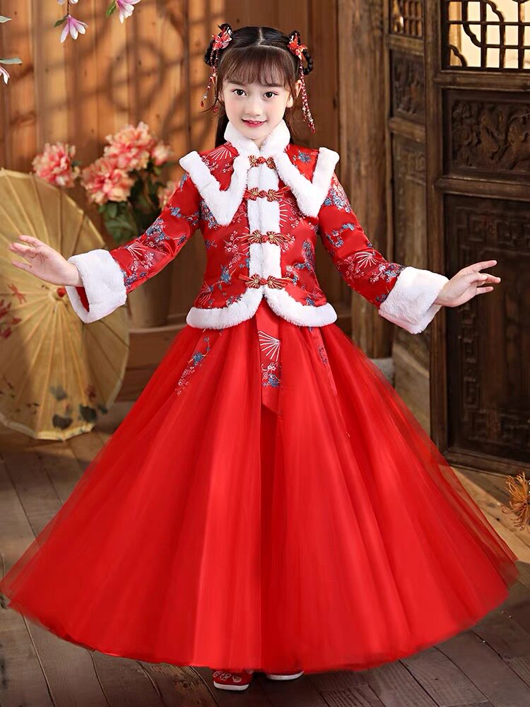 新款儿童拜年冬季女童汉服新年红色中国国风汉服