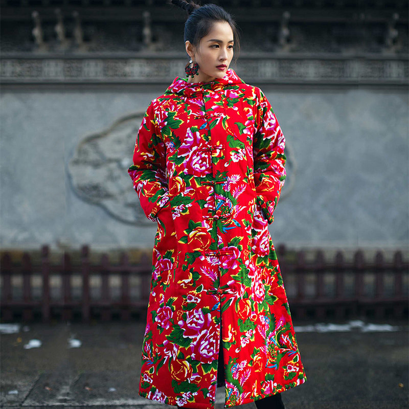 芭豆鼠民族风复古改良花布棉大衣冬季保暖棉袄棉服棉袄