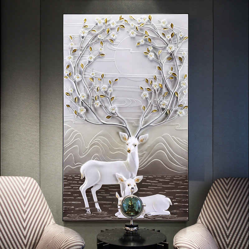 入户玄关装饰画3d立体竖版过道走廊现代简约大幅招财鹿浮雕挂画