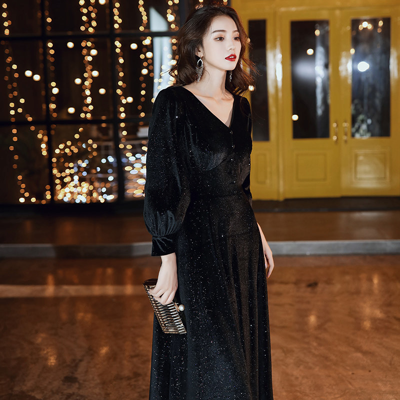 大气晚礼服2020新款黑色领长款连衣裙宴会气质丝绒礼服