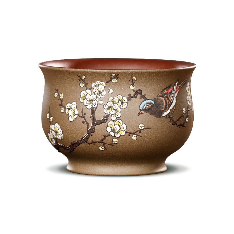 杯中乾坤宜兴名家陶岭泥绘梅花花鸟品茗茶杯紫砂茶杯