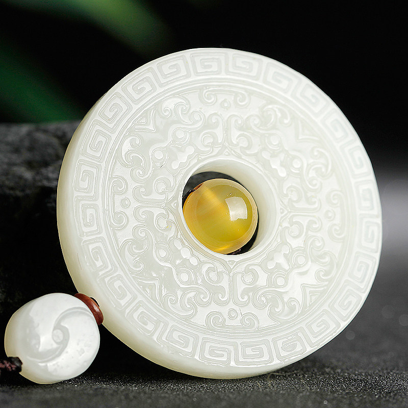 天然和田白玉仿古古纹玉璧饕餮吊坠挂件证书颈饰