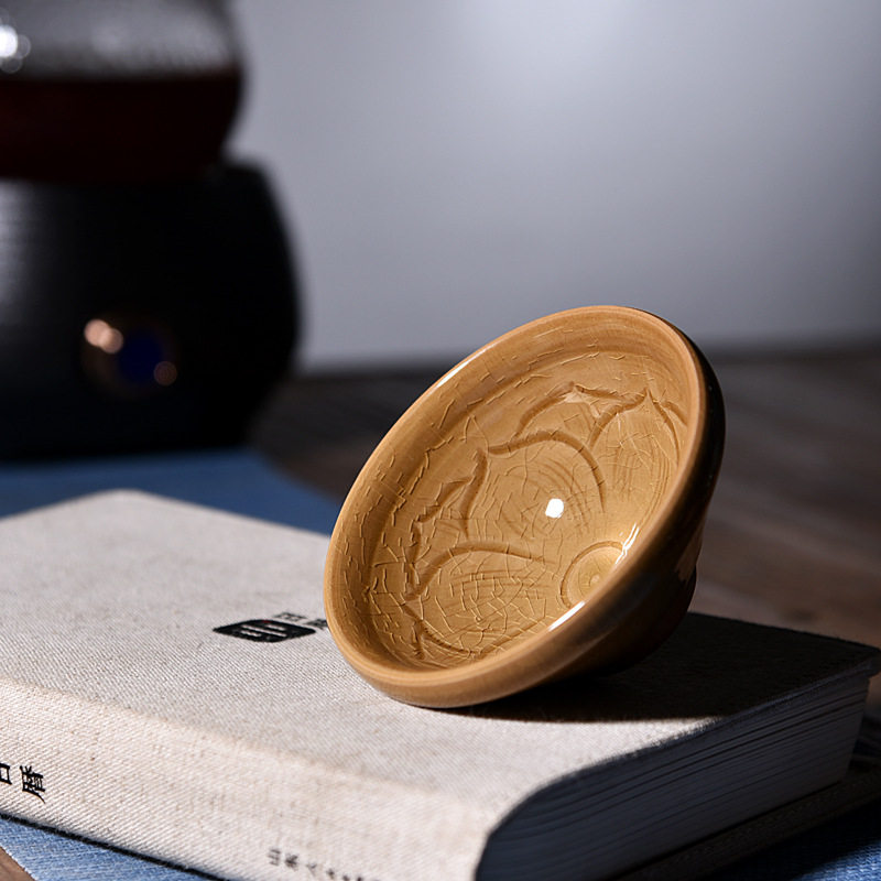 轩铭陶瓷珠光青瓷手作主人手工雕花品茗收藏茶杯