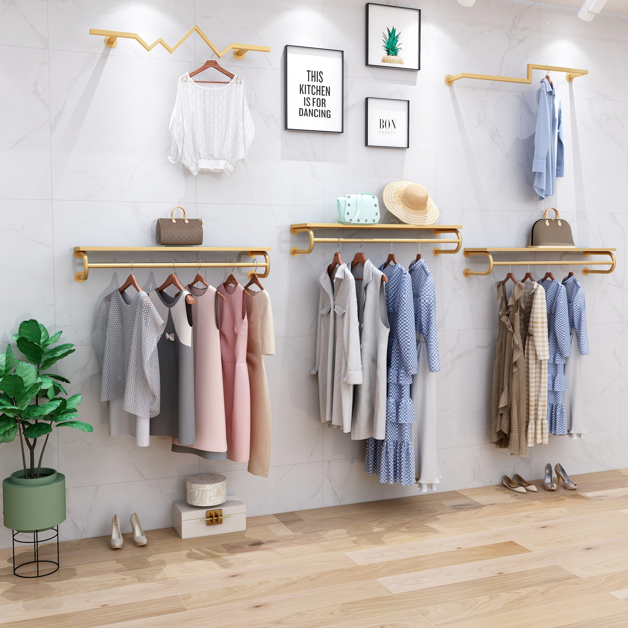 服装店展示架壁挂式铁艺正侧挂男女童服装货架金色服装展示架
