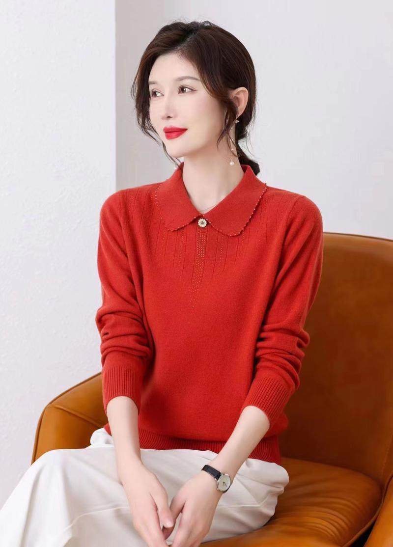 双鹿羊毛衫女式翻领针织衫济民女款毛衣长袖秋露毛针织衫
