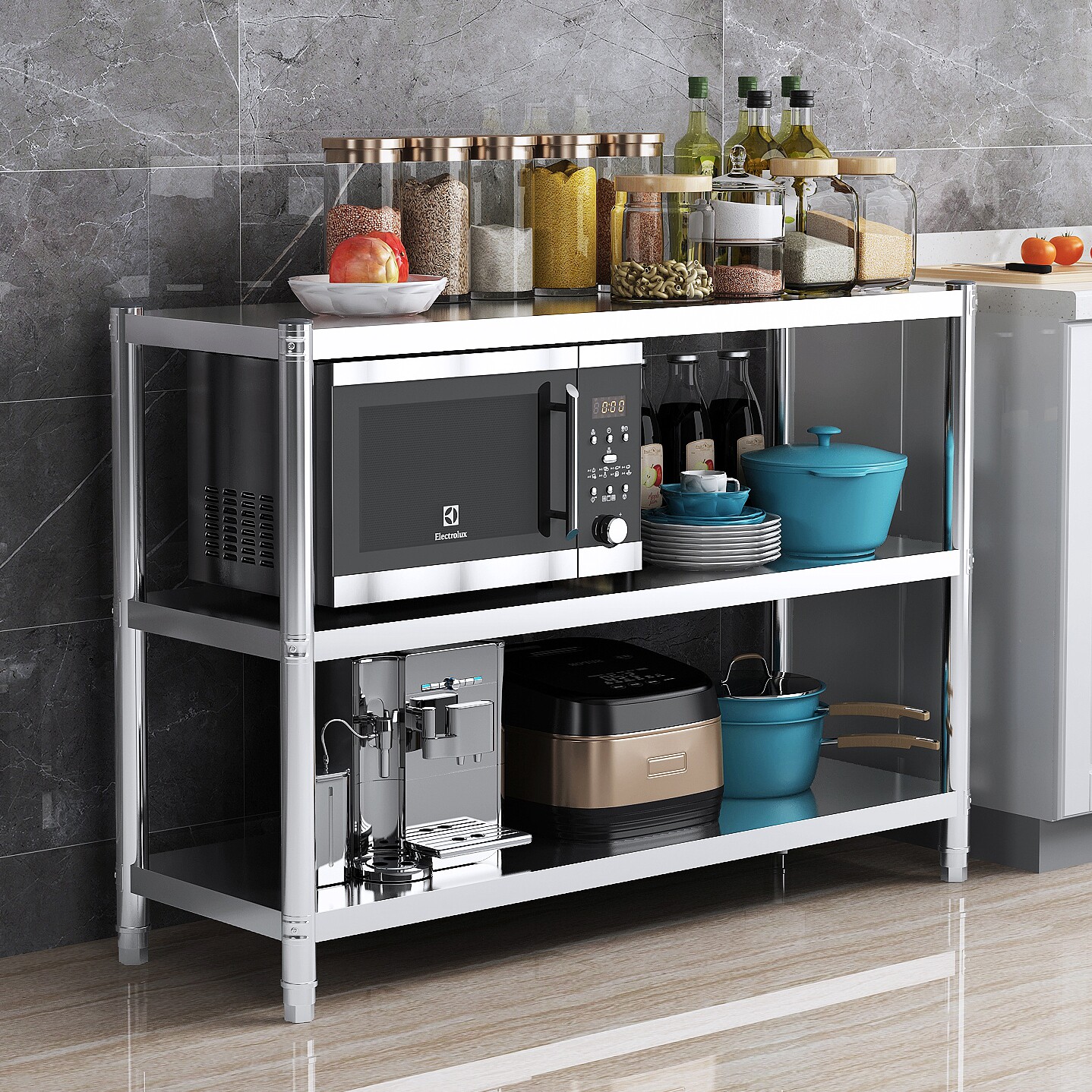 厨房置物架不锈钢货架橱柜多功能收纳三层灶台台架厨房置物架