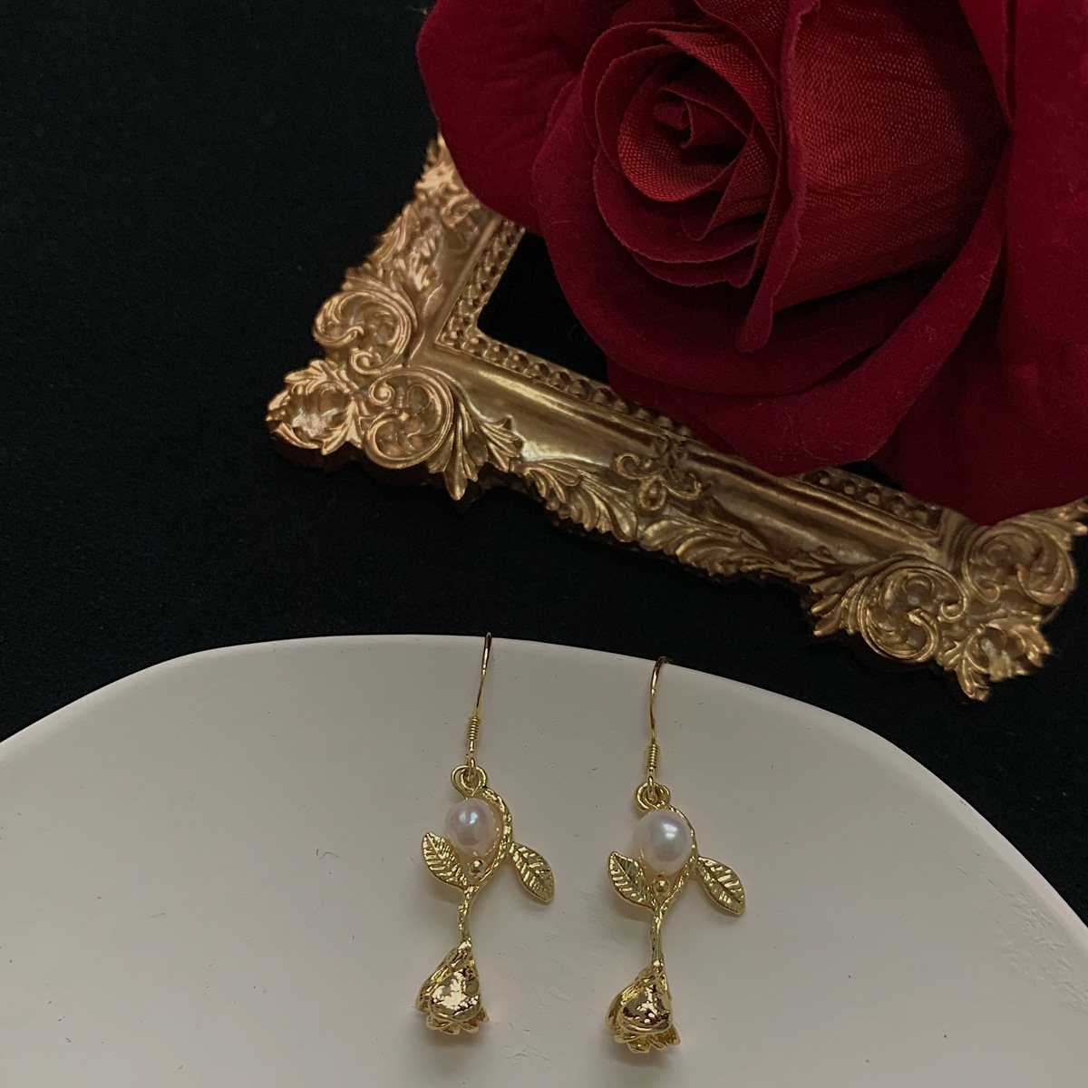 她的玫瑰复古精致宫廷温柔珍珠玫瑰花耳环巴洛克耳环