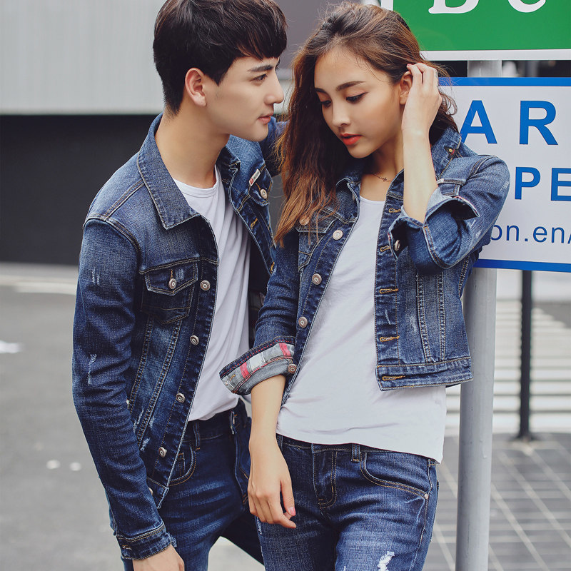 春秋季牛仔衣牛仔套装男士情侣装衣服外套韩版潮流夹克两件套上衣