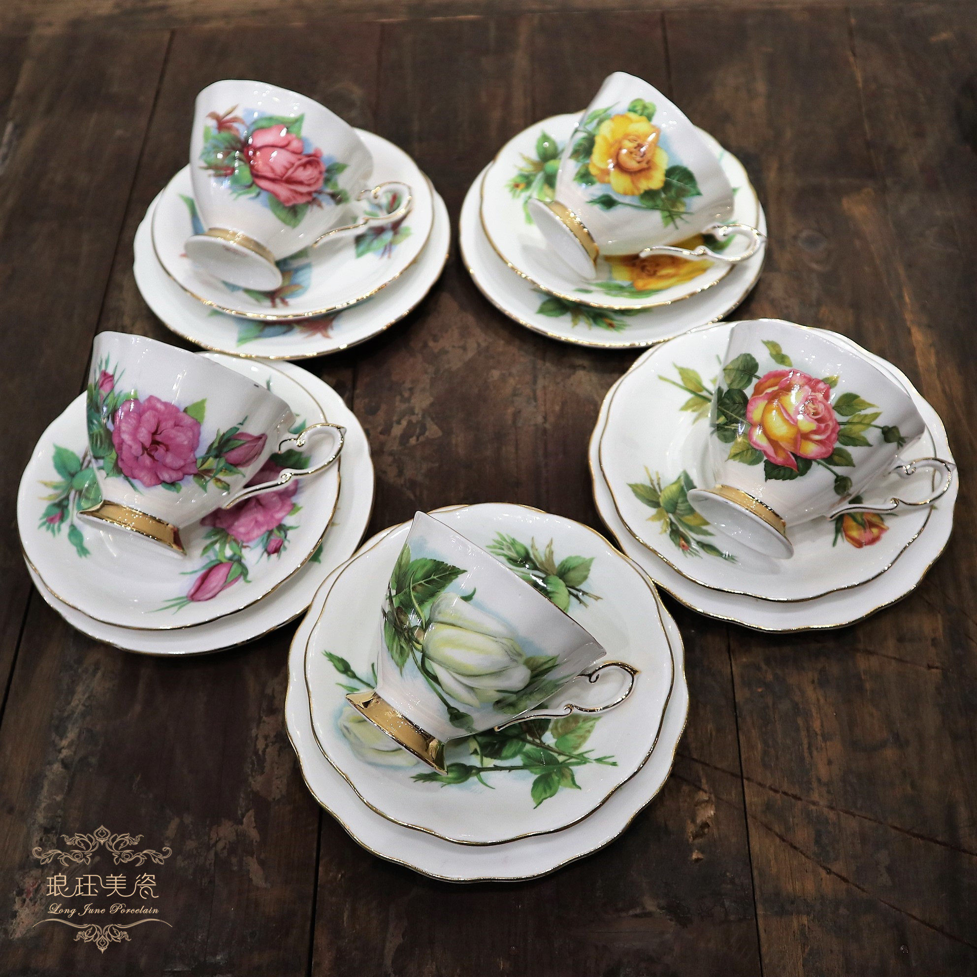 琅珏中古英国paragon玫瑰系列骨瓷茶杯碟盘糖奶罐茶杯
