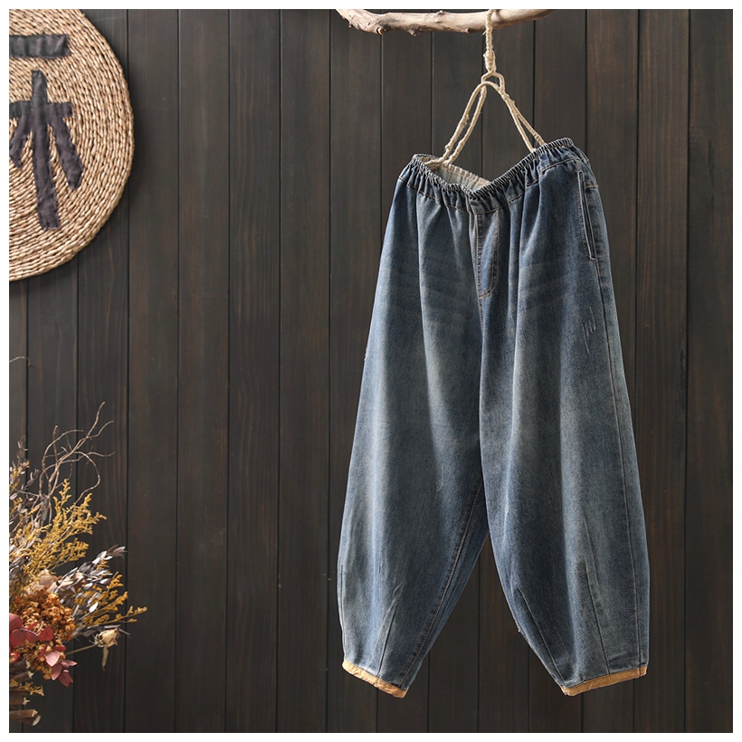复古浅色哈伦牛仔裤女2021春季宽松大码松紧腰休闲萝卜七分老爹裤