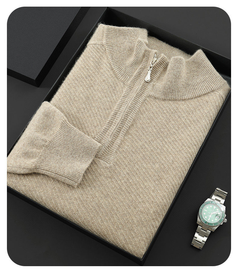 鹿王羊绒衫男纯羊绒半高高领半开拉链保暖毛衣针织衫