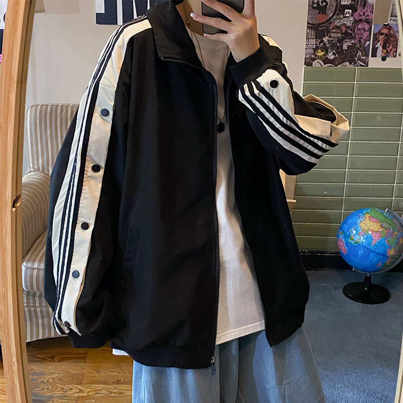 条纹运动排扣夹克男潮流ins百搭飞行员痞帅炸街外套男春秋棒球服