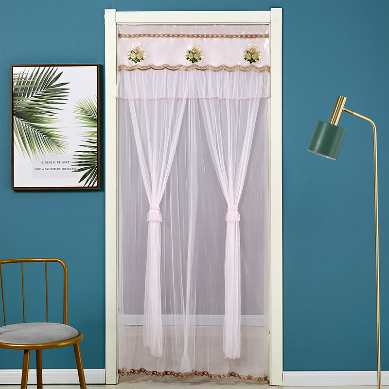 蕾丝门帘打孔家用防蚊双层纱帘卧室厨房卫生间门帘