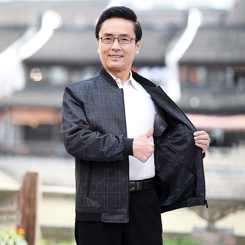 春秋季中年爸爸宽松休闲外套中老年男士上衣服老人男装春装夹克衫