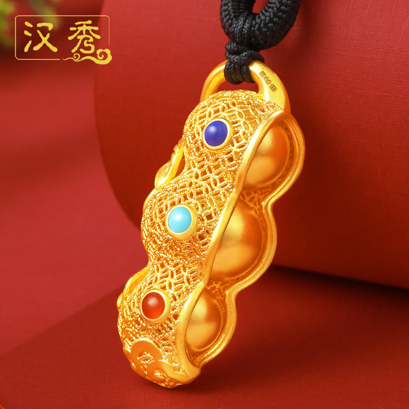 汉秀古法黄金吊坠女男新款足金纯金花丝镶嵌颈饰