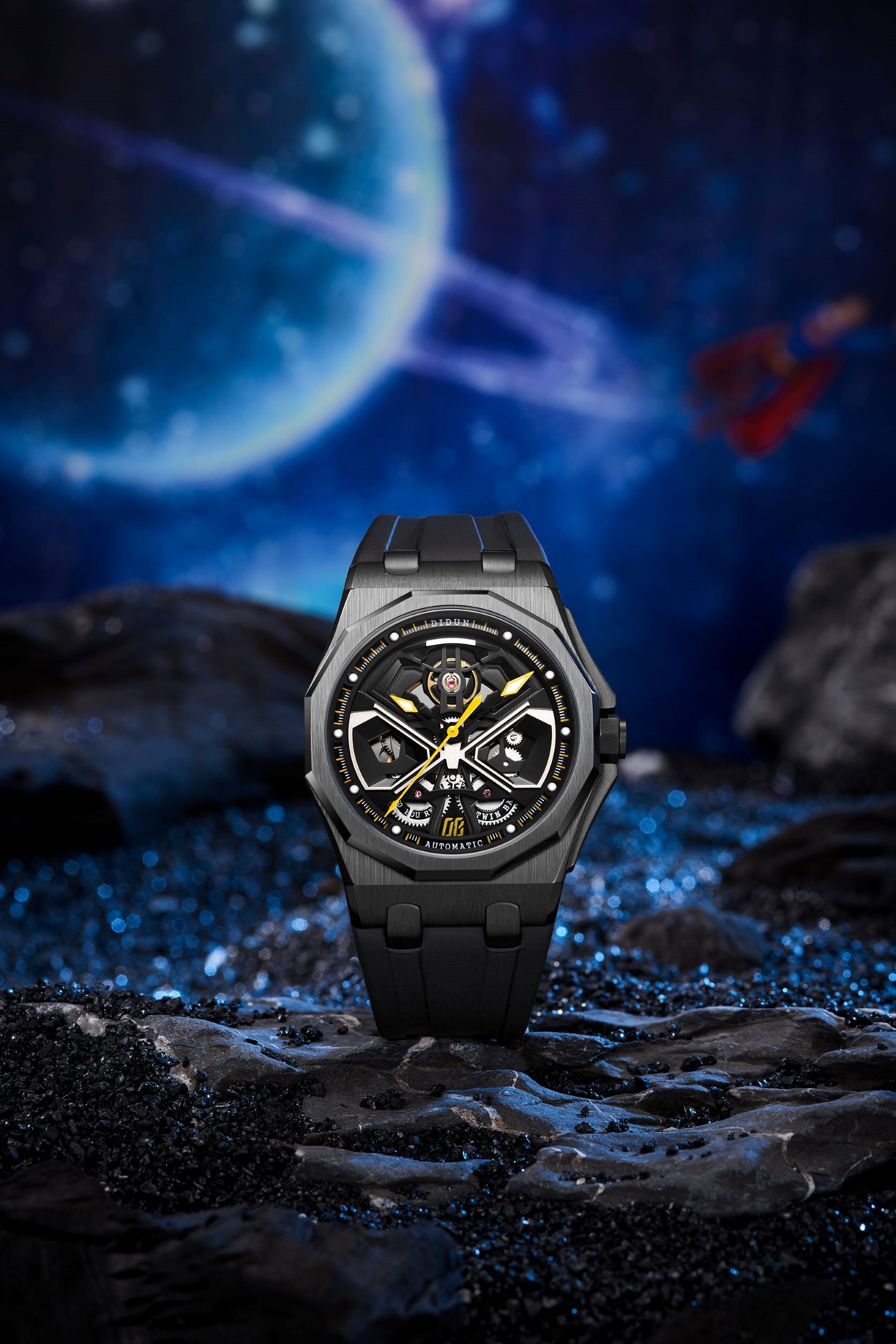 机械机械手手表正品迪顿自动自动机黑武士精钢圆形国产腕表