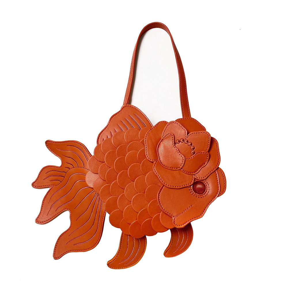 berryqhotelo联名合作茶花金鱼异形手提包小羊皮现货女士包袋