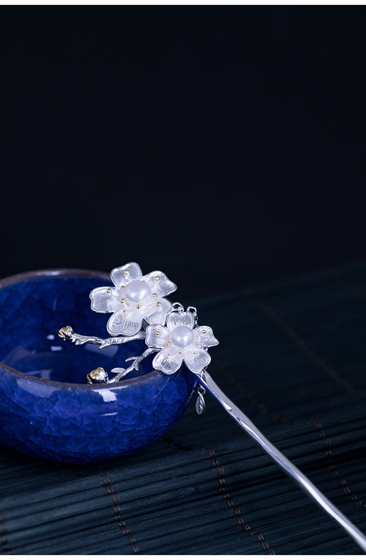 天然珍珠樱花发簪纯银复古流苏汉服古风发饰发饰
