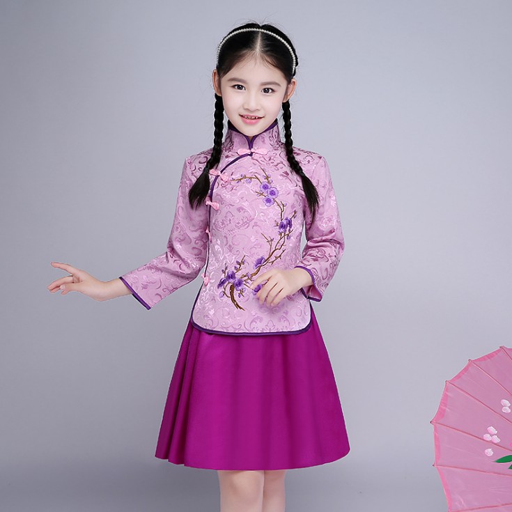 儿童古筝笛子演出服中国国风绣花花小姐女童改良儿童演出服
