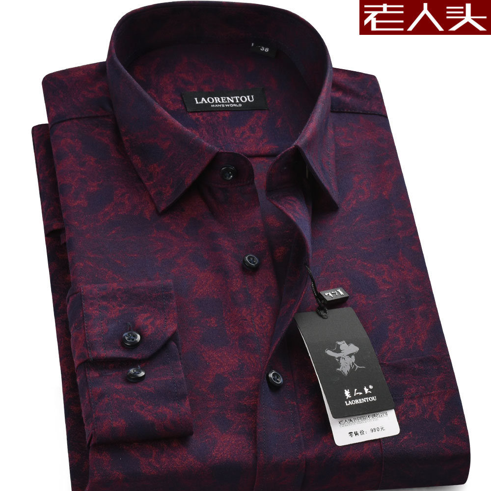老人头男士长袖衬衫宽松大码中年爸爸装紫红印花喜公公婚宴衬衣秋