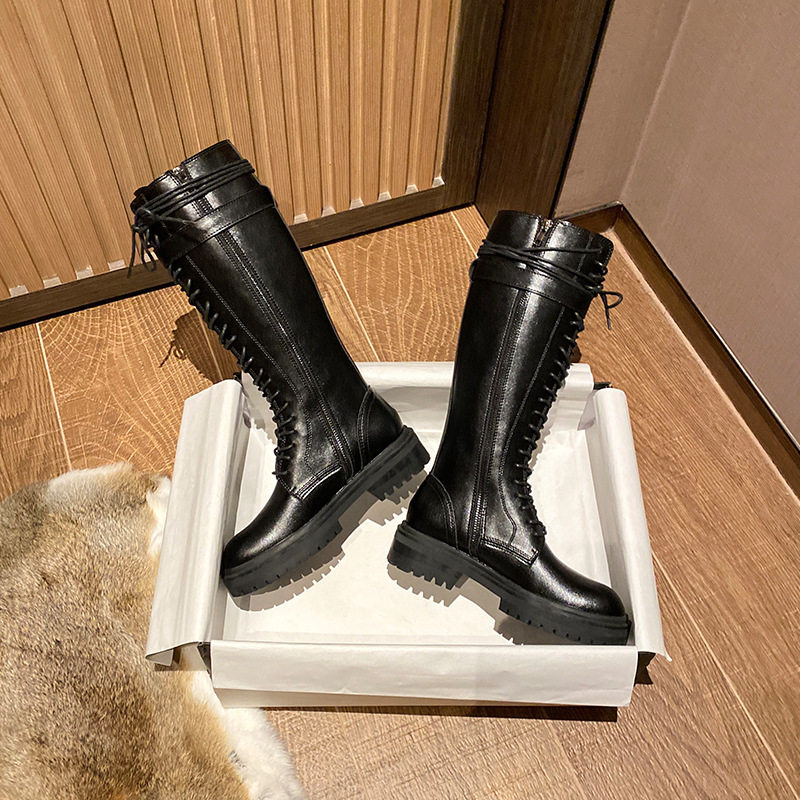 时尚骑士靴女英伦风系带帅气机车马丁靴网红靴子新款长筒高筒长靴