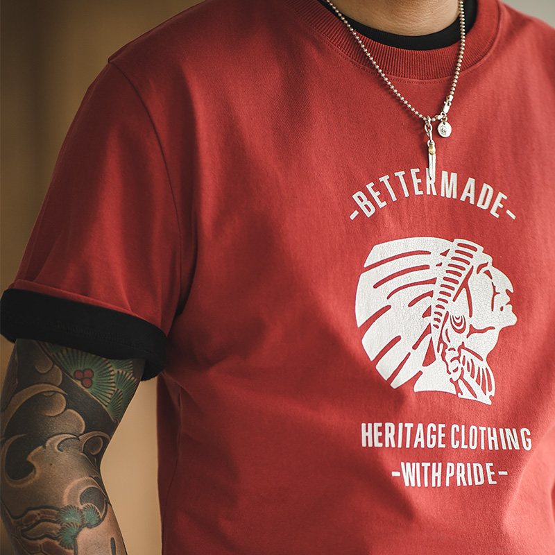 马登工装 印第安裂纹印花复古砖红T恤阿美咔叽百搭男士圆领短袖男