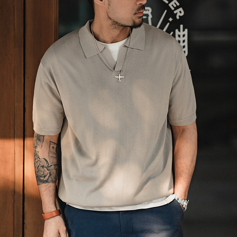 马登工装日系复古V翻领针织宽松短袖阿美咔叽半袖polo衫T恤男夏季