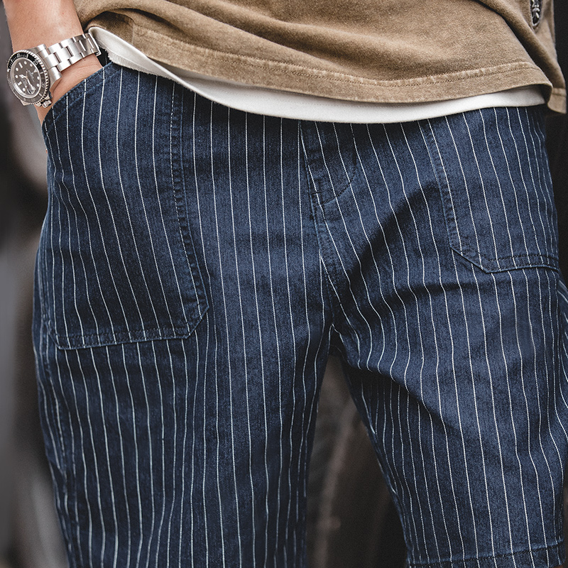 马登工装美式复古海军牛仔条纹中裤五分裤阿美咔叽直筒休闲短裤男