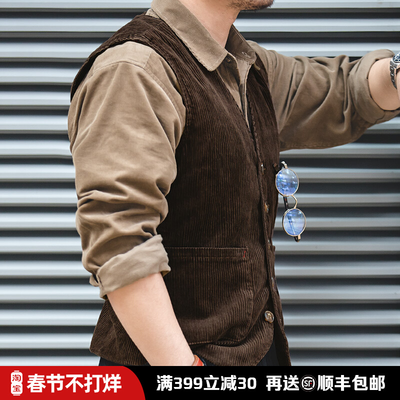 马登工装日系复古猎装灯芯绒马甲背心阿美咔叽坎肩条绒英伦外套男